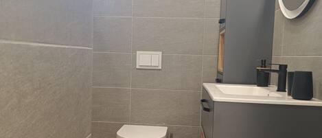 A modern bathroom with a toilet, sink, and mirror.