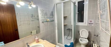 A bathroom with a sink, mirror, toilet, and shower.