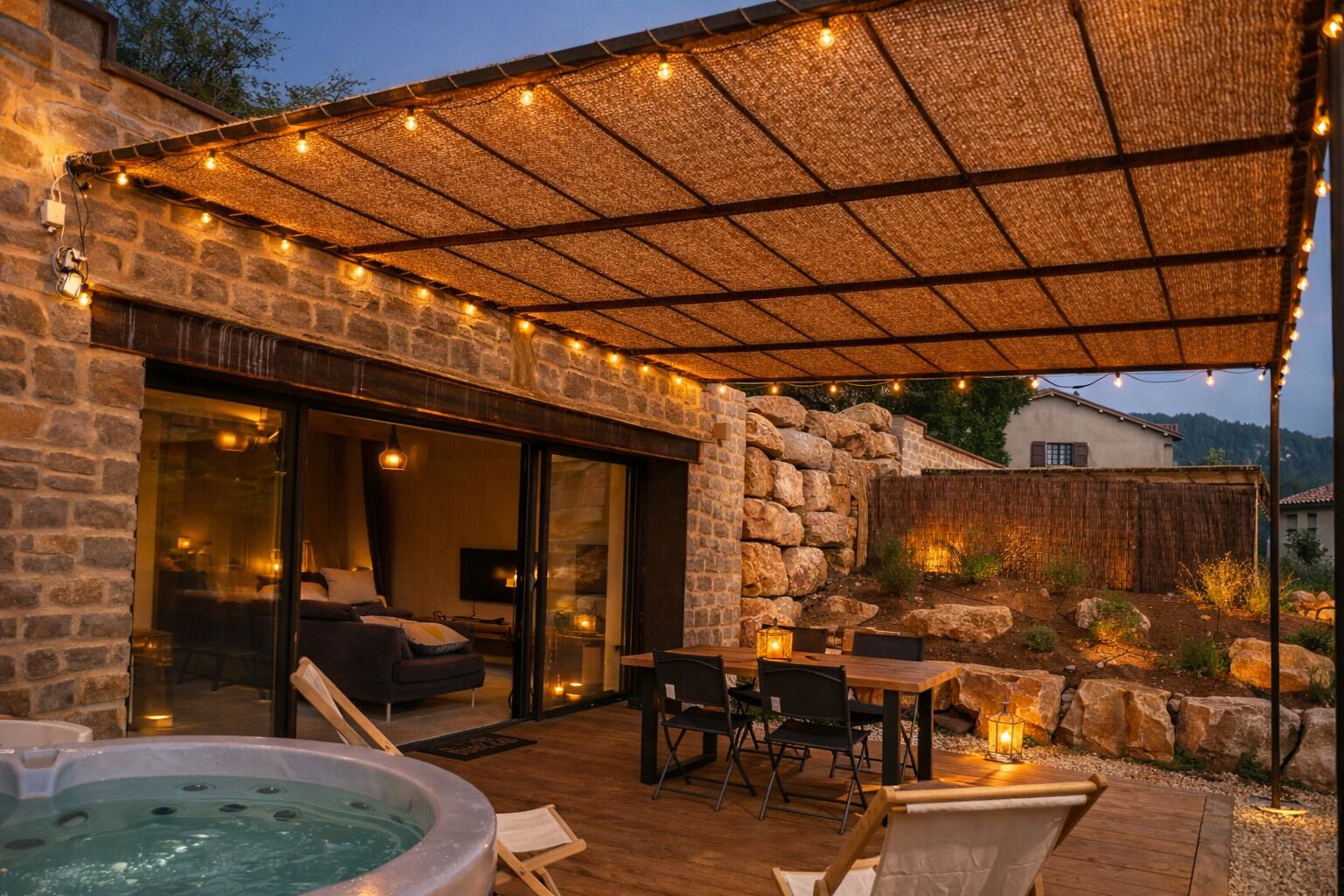 Une terrasse extérieure accueillante, dotée d’un jacuzzi, d’un espace salon et de guirlandes lumineuses.
