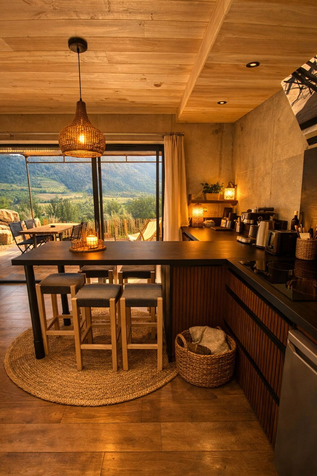 A modern kitchen with a wooden ceiling, a large island with stools, and a view of a mountainous landscape through large windows.