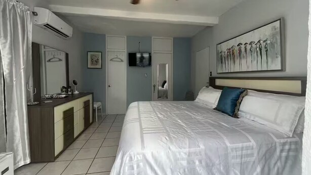 Une chambre à coucher comprenant un lit, une coiffeuse avec un miroir, un ventilateur de plafond et un téléviseur fixé au mur.