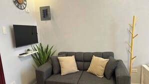 A grey sofa with two cushions, a mounted TV, a wall clock, a power outlet, and a radiator. - Cozy 1-bedroom House Rental in Hermosa, Philippines (Hermosa)