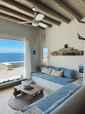 TV, fireplace - Villa Riza- Greek Sea Views & Slow Mornings (Andros)