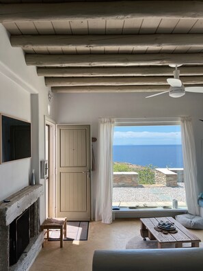 TV, fireplace - Villa Riza- Greek Sea Views & Slow Mornings (Andros)