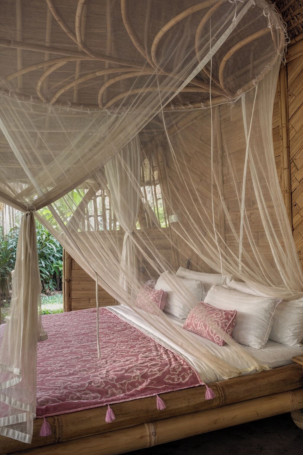 A bed with a canopy and a pink patterned bedspread.