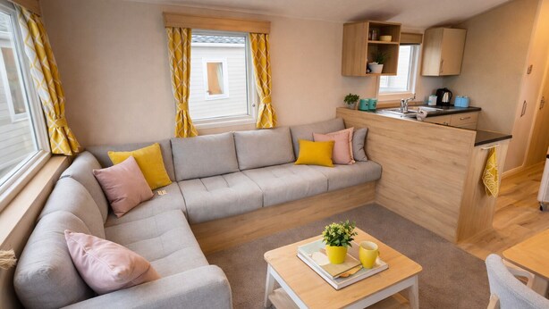 A modern living room with a grey sectional sofa, yellow cushions, a wooden coffee table, and a kitchen area with cabinets and a sink. - M&B Holiday,Cozy Beach side Caravan 4 Beds, 3 Sofa Bed, 7 Sleep,Wifi&Tea,Parking (Saint Osyth)