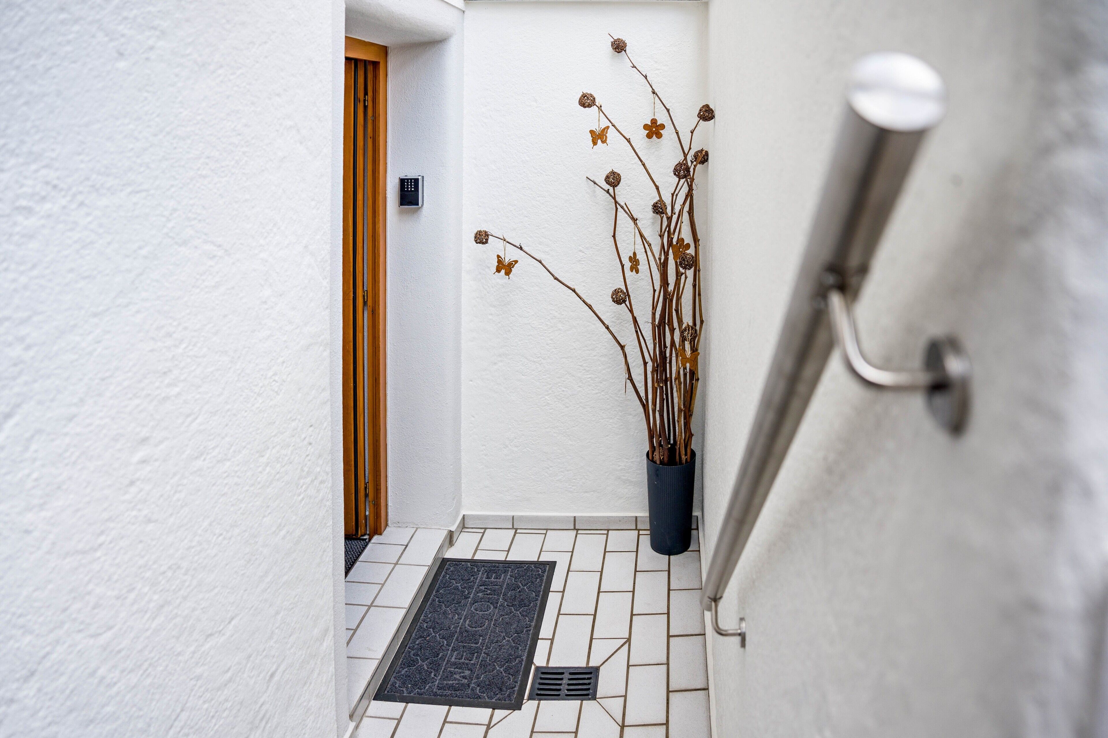 A narrow hallway with a door, a potted plant, a doormat, and a metal handrail.