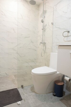 Dusche, Haartrockner, Handtücher, Seife