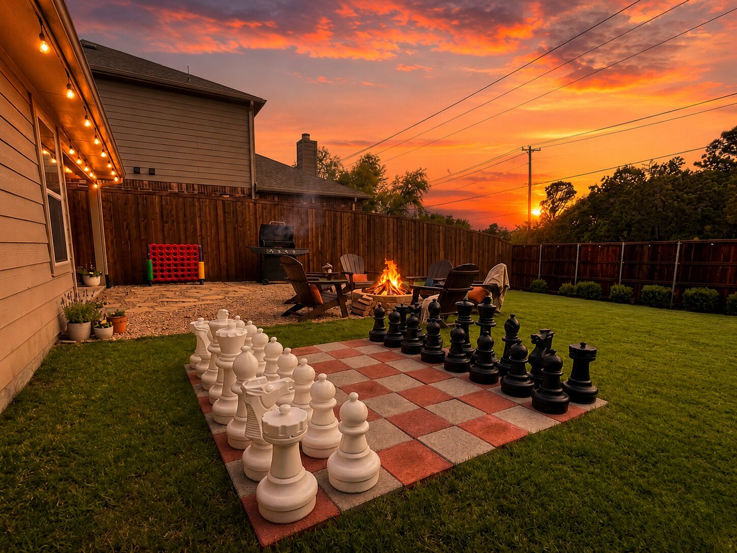 Designer retreat with fire pit, coffee bar & life-size chess near Denton ✨