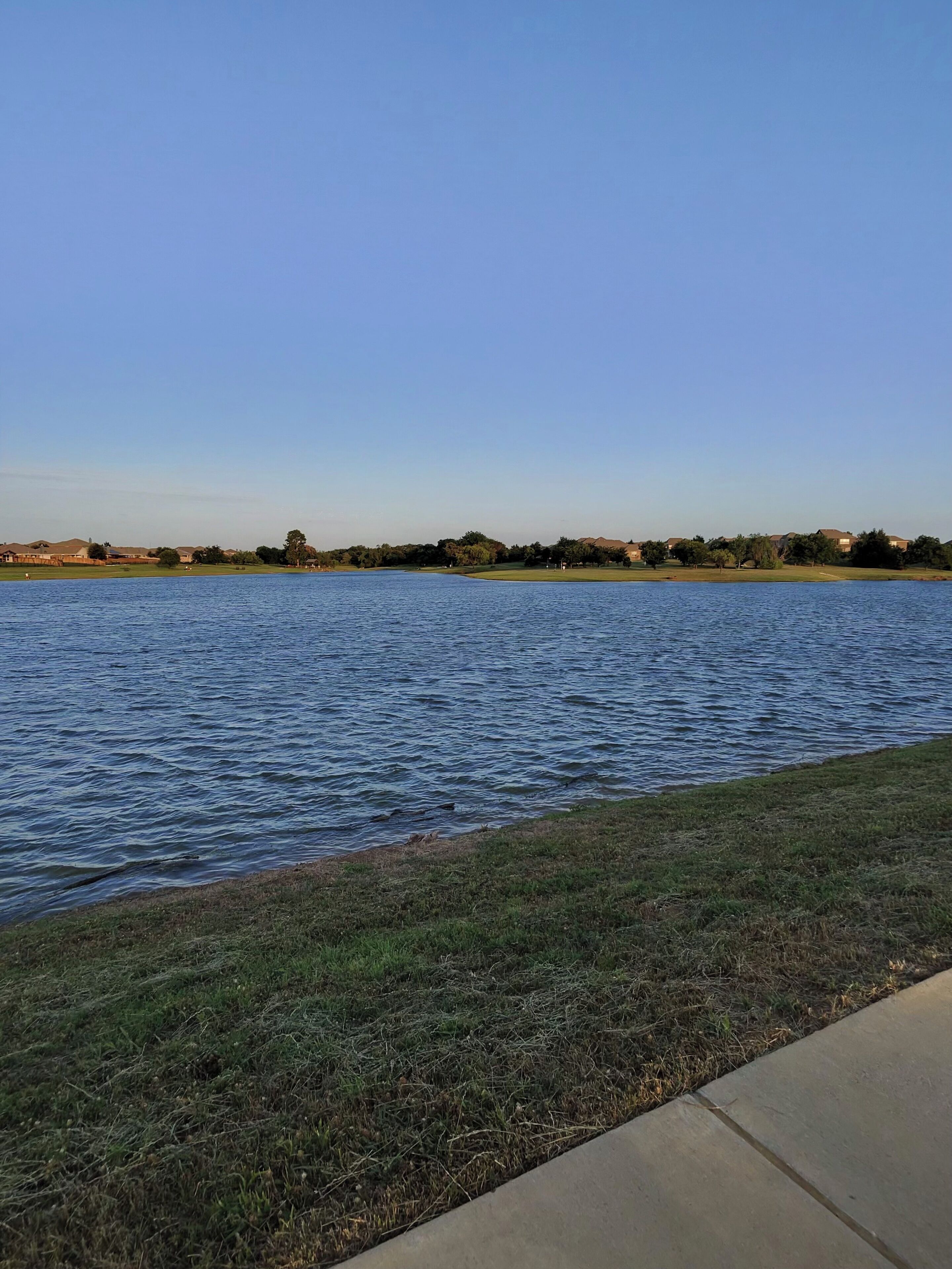 A lake with a grassy shoreline and a concrete path.