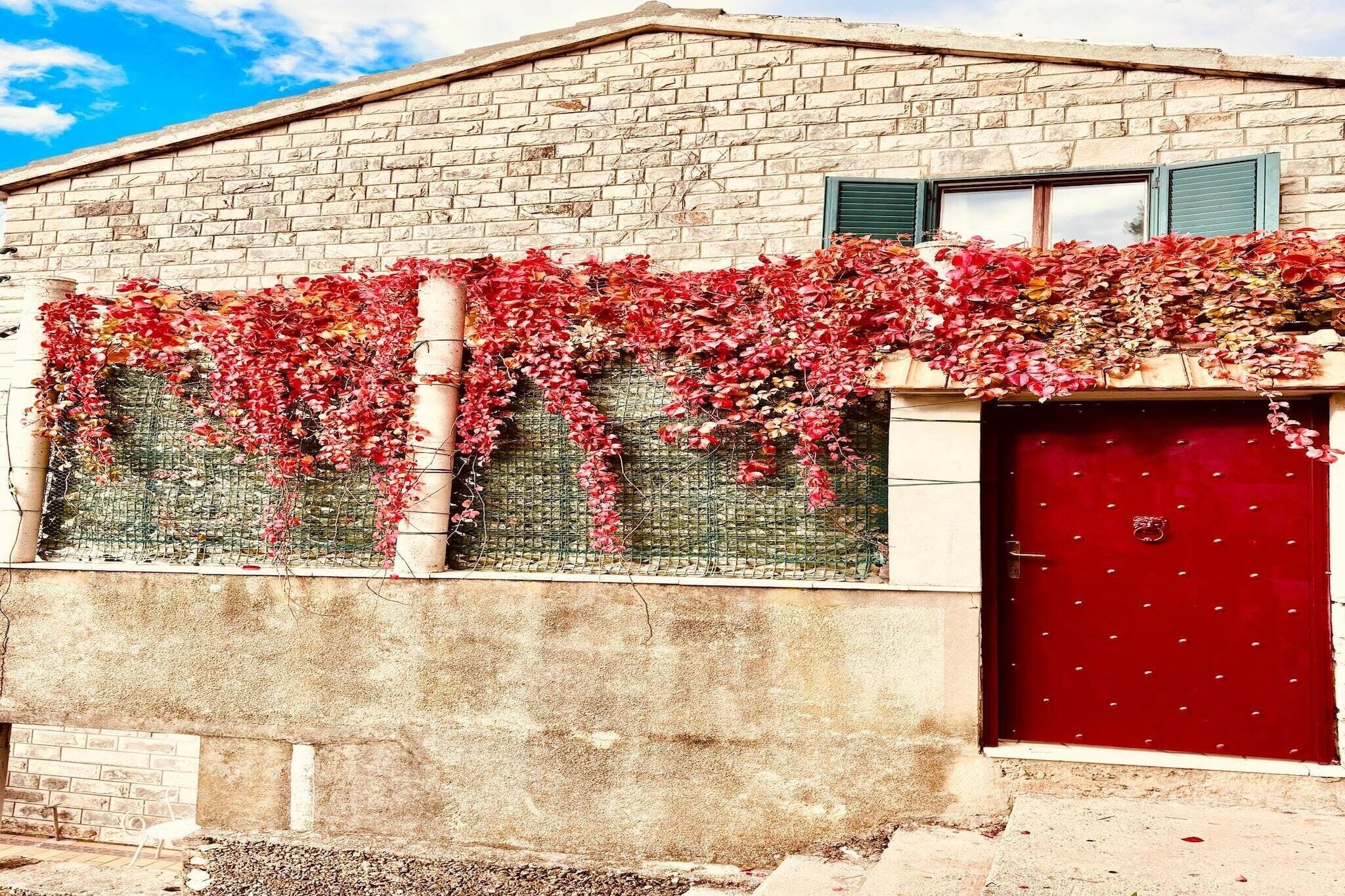 A building with a brick facade, a red door, and a vine-covered wall.