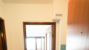 A hallway with wooden flooring, a green rug, and a door leading to another room.