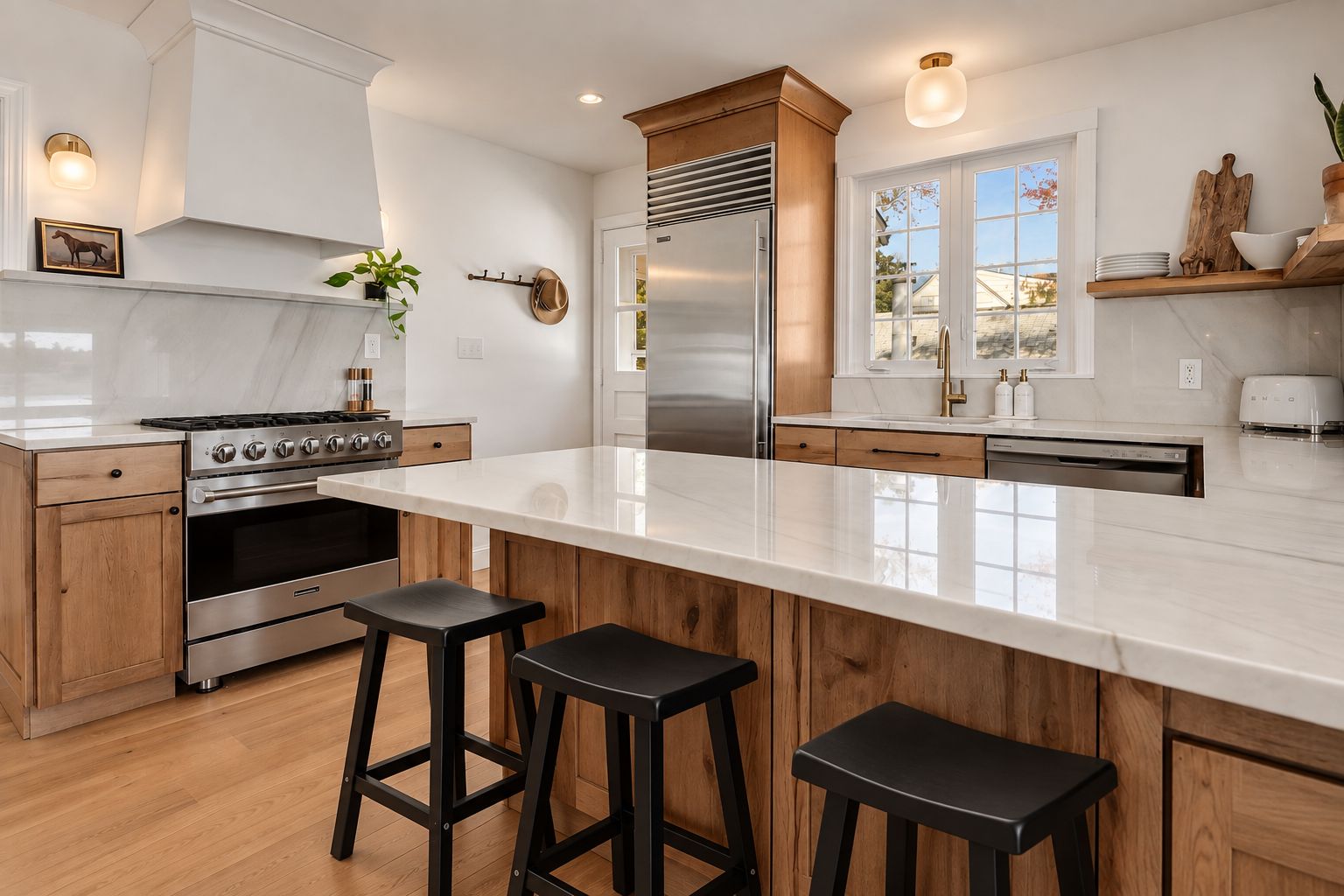 A modern kitchen with a large island, stainless steel appliances, and wooden accents.