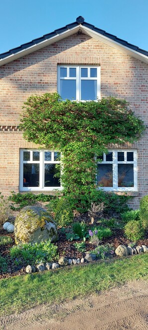 Ein Ziegelhaus mit Garten, einem großen Felsen und einem Baum, der über dem Fenster wächst.