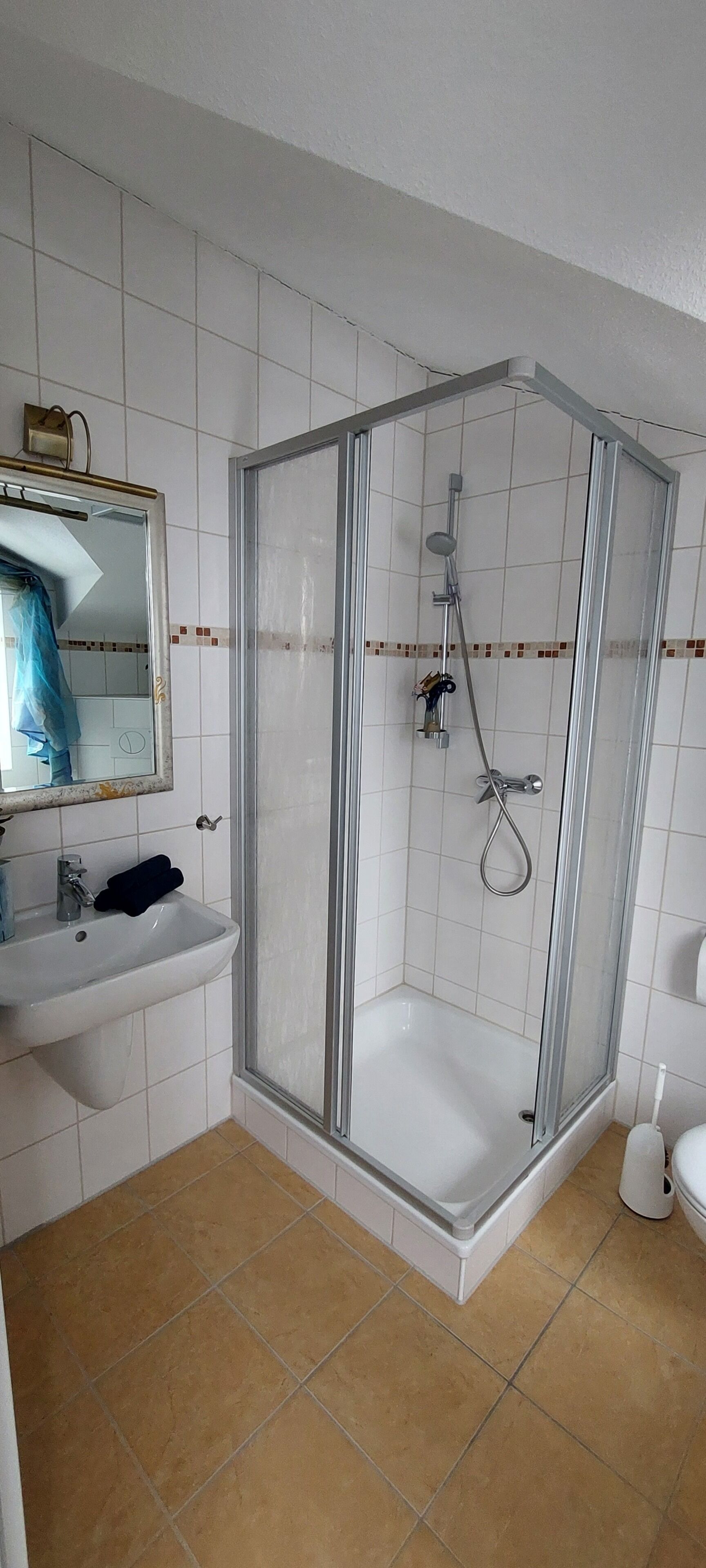 Dusche, Haartrockner, Handtücher, Toilettenpapier