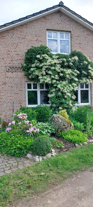 A brick house with a window, a garden with various plants, and a rock. - Feldblick art oasis, near the heath and the Pietzmoor (Schneverdingen)
