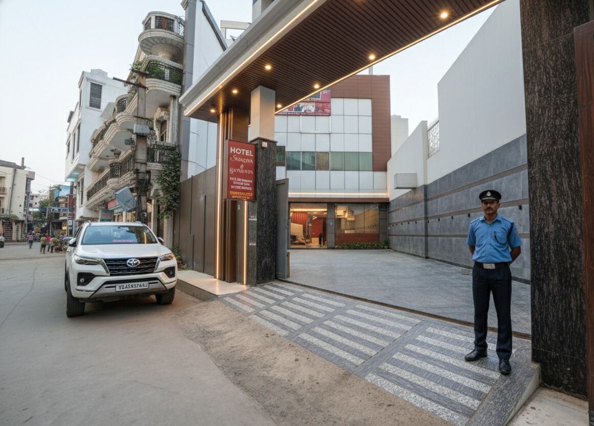 Ingresso di un hotel con un'auto bianca parcheggiata di fronte, un addetto alla sicurezza e una targa con il nome dell'hotel.