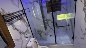 Ein Badezimmer mit Duschkabine, Toilette und Waschbecken.