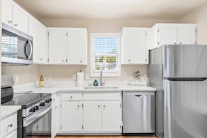 A modern kitchen with white cabinets, stainless steel appliances, and a window with blinds.
