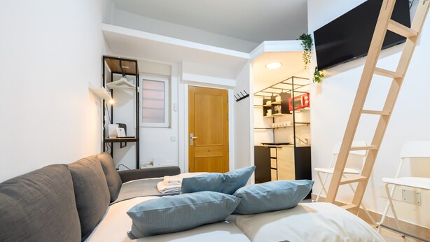 A compact living space with a sofa, pillows, a TV, a wooden ladder, and a small table. - M (IRI70) Cozy Duplex in the Salamanca district (Madrid)