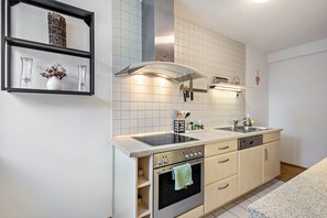 A modern kitchen with a double sink, stainless steel appliances, and a tiled backsplash. - Dream on the Old Town Island (Lübeck)