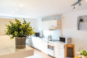A modern kitchen with white cabinets, a microwave, and a potted plant on a counter. - Apartment 'Seestern' with Balcony and Wi-Fi (Wester-Ohrstedt)