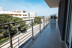 Ein Balkon mit Metallgeländer, einem Blumentopf und Blick auf eine Straße und Gebäude.