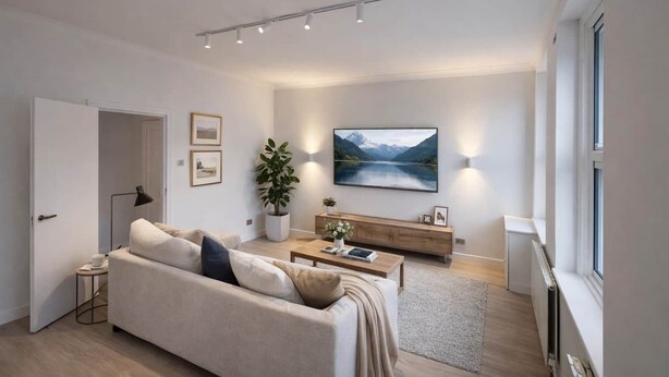 Ett modernt vardagsrum med en soffa, ett soffbord och en stor landskapsmålning på väggen.