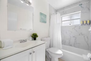 Shower, hair dryer, soap - New Furniture and Appliances in 1BD Hallandale Apt (Hallandale Beach)