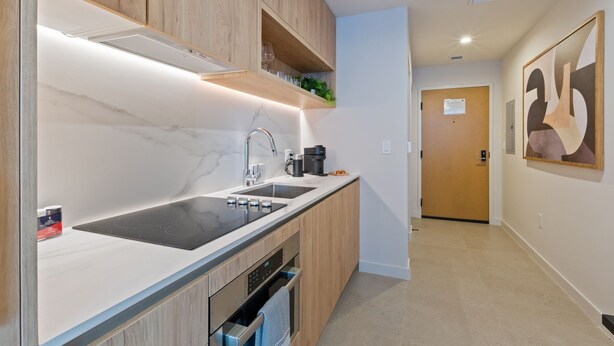 A modern kitchen with a double sink, wooden cabinets, and a built-in oven. - Rooftop Pool Studio in Miami Worldcenter (Miami)