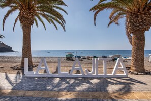 Une vue sur la plage, avec des palmiers et un panneau indiquant « LA LAJITA ».