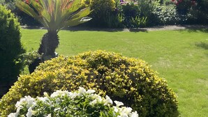 Un bâtiment doté d’une fenêtre circulaire, entouré de jardins bien entretenus où poussent diverses plantes et fleurs.