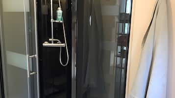 Shower, free toiletries, hair dryer, towels