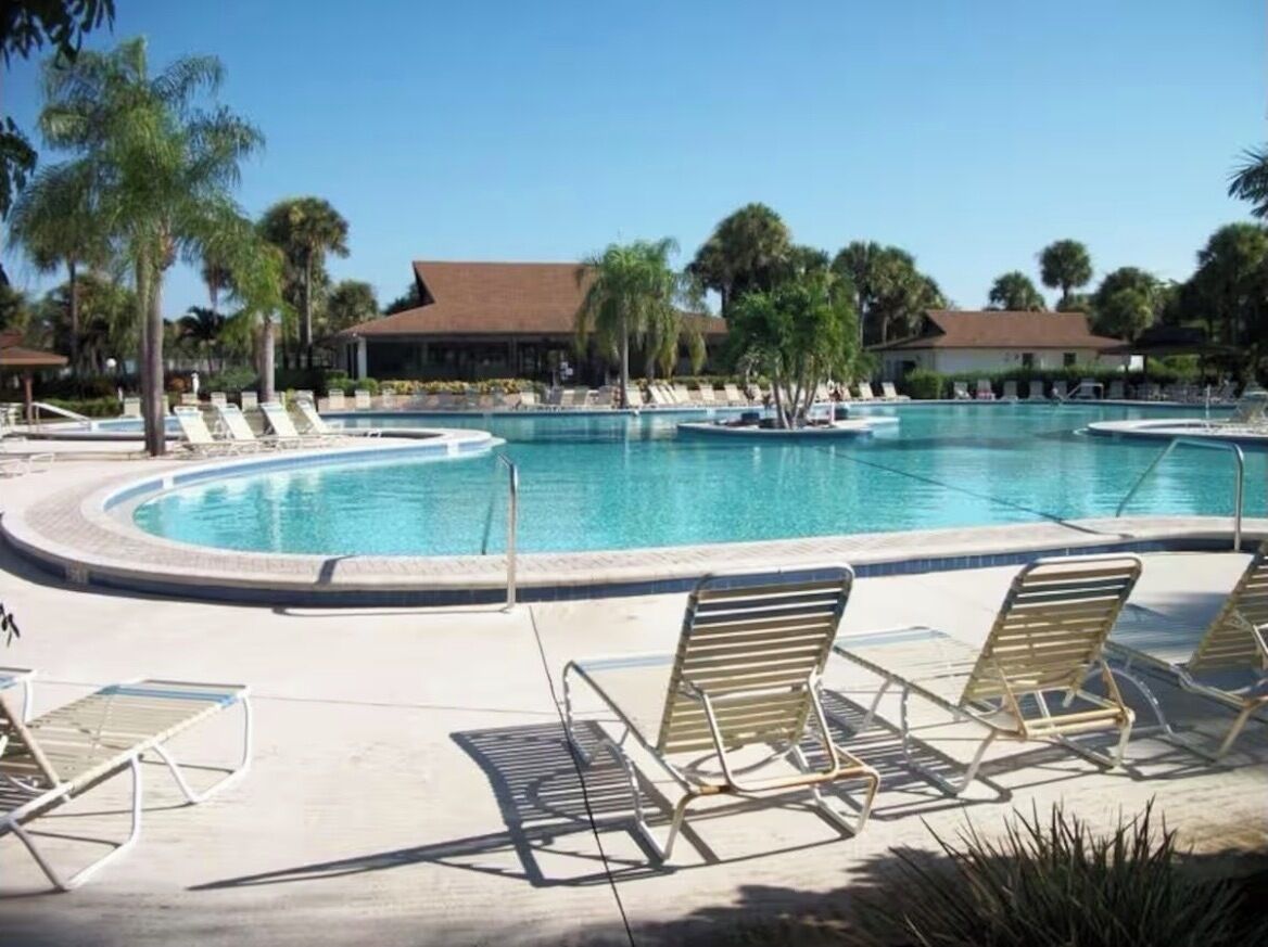 Une grande piscine bordée de chaises longues et de palmiers.