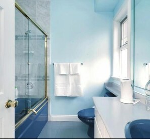 Douche, séchoir à cheveux, serviettes fournies, savon