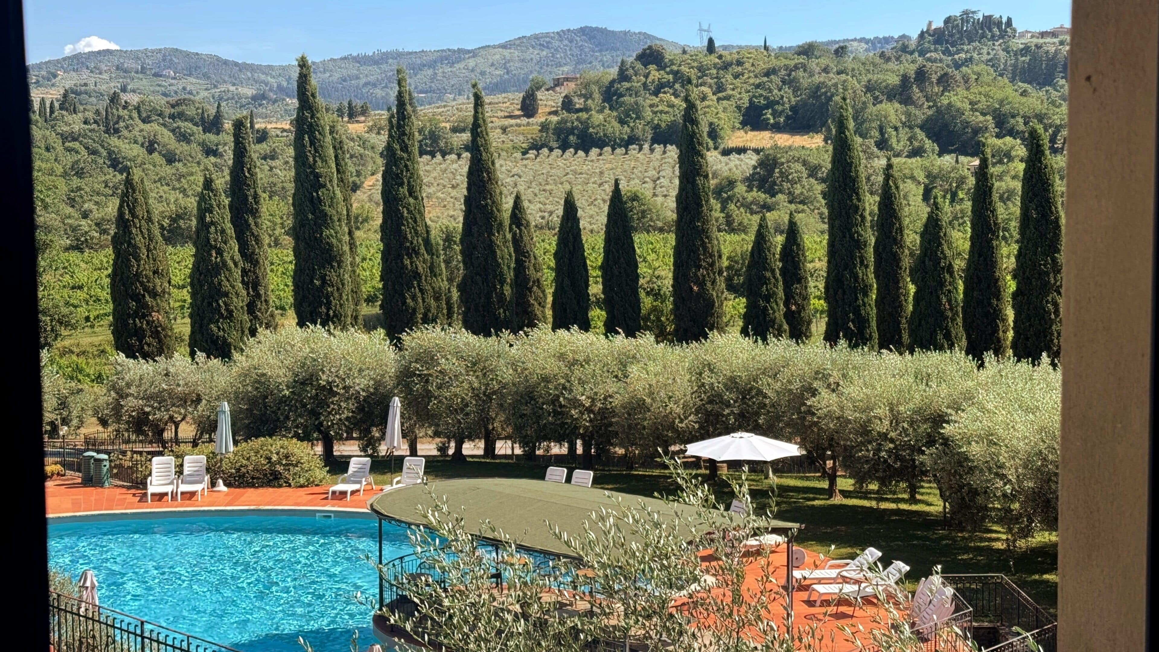 Area piscina con lettini e ombrelloni, circondata da ulivi e vista su colline.
