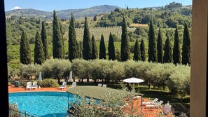 A pool area with lounge chairs and umbrellas, surrounded by olive trees and a view of hills.
