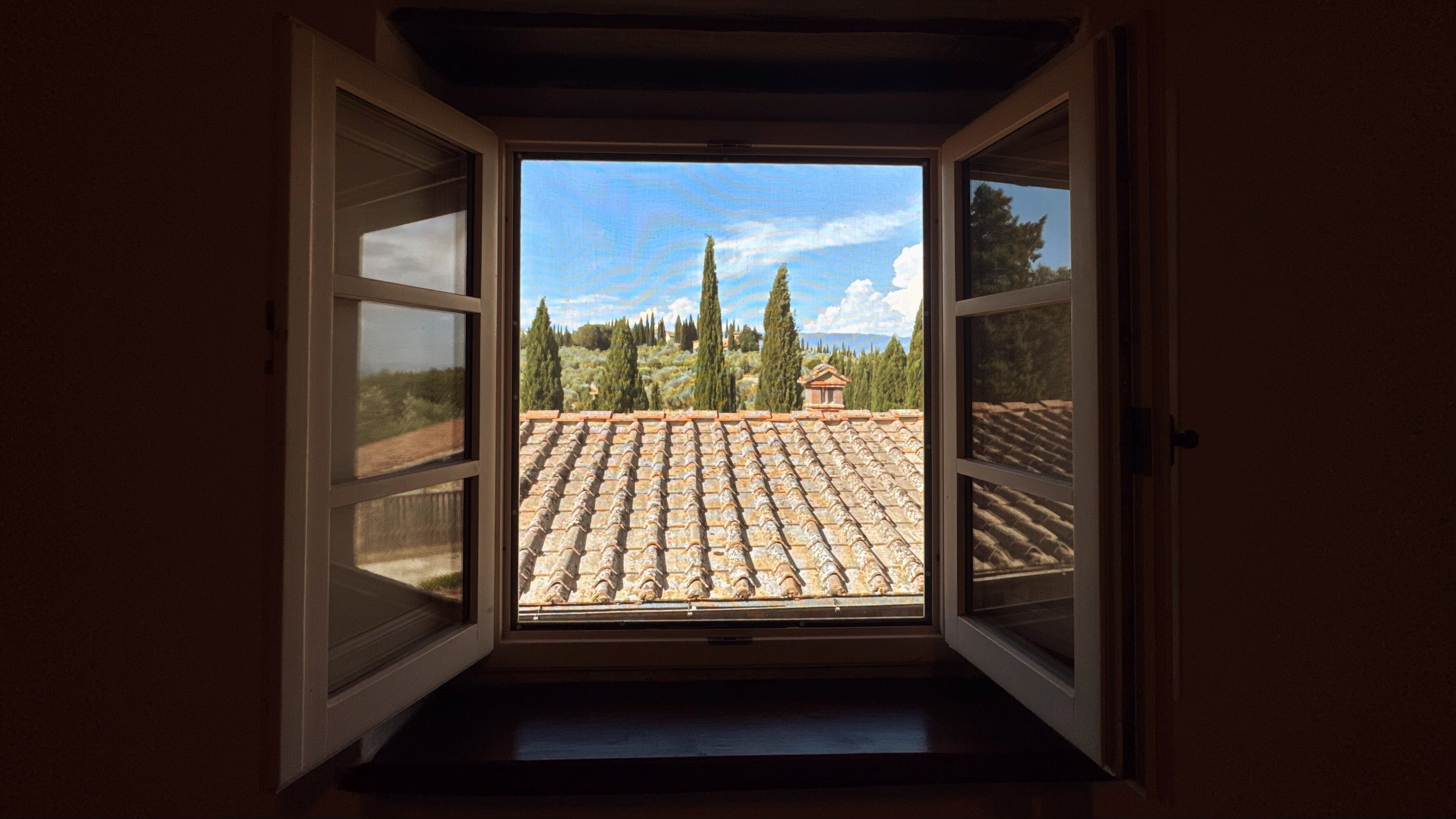 Una porta aperta che dà su un tetto piastrellato e alberi.