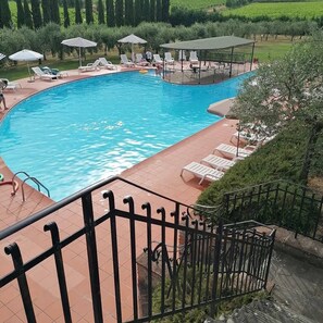 Seasonal outdoor pool, open 9:00 AM to 8:00 PM, pool umbrellas