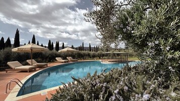 Seasonal outdoor pool, open 9:00 AM to 8:00 PM, pool umbrellas