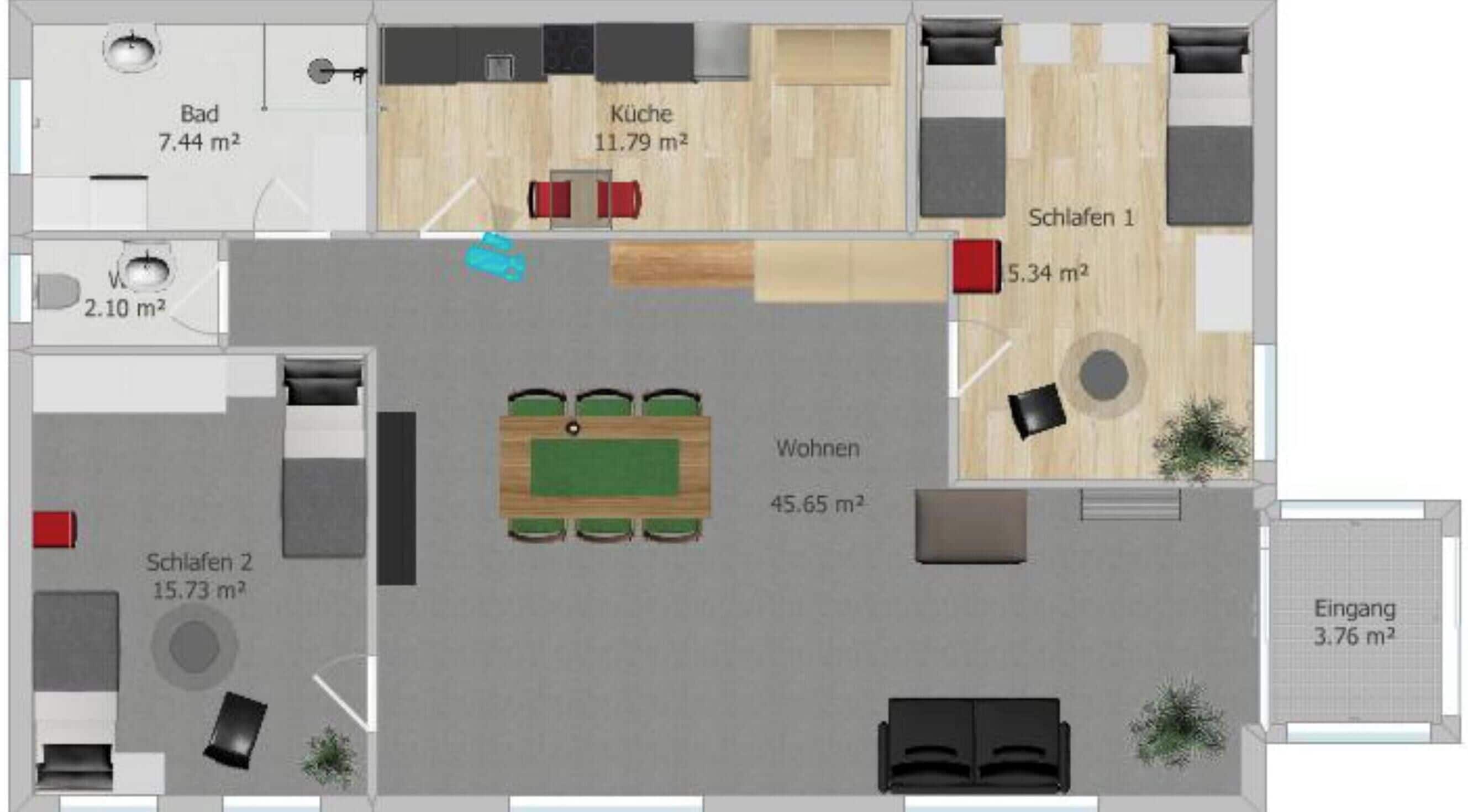 En plantegning af et hotelværelse med opholdsstue, to soveværelser, et køkken, et badeværelse og en lille entré.