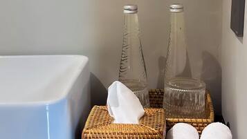 Shower, hair dryer, bidet, towels