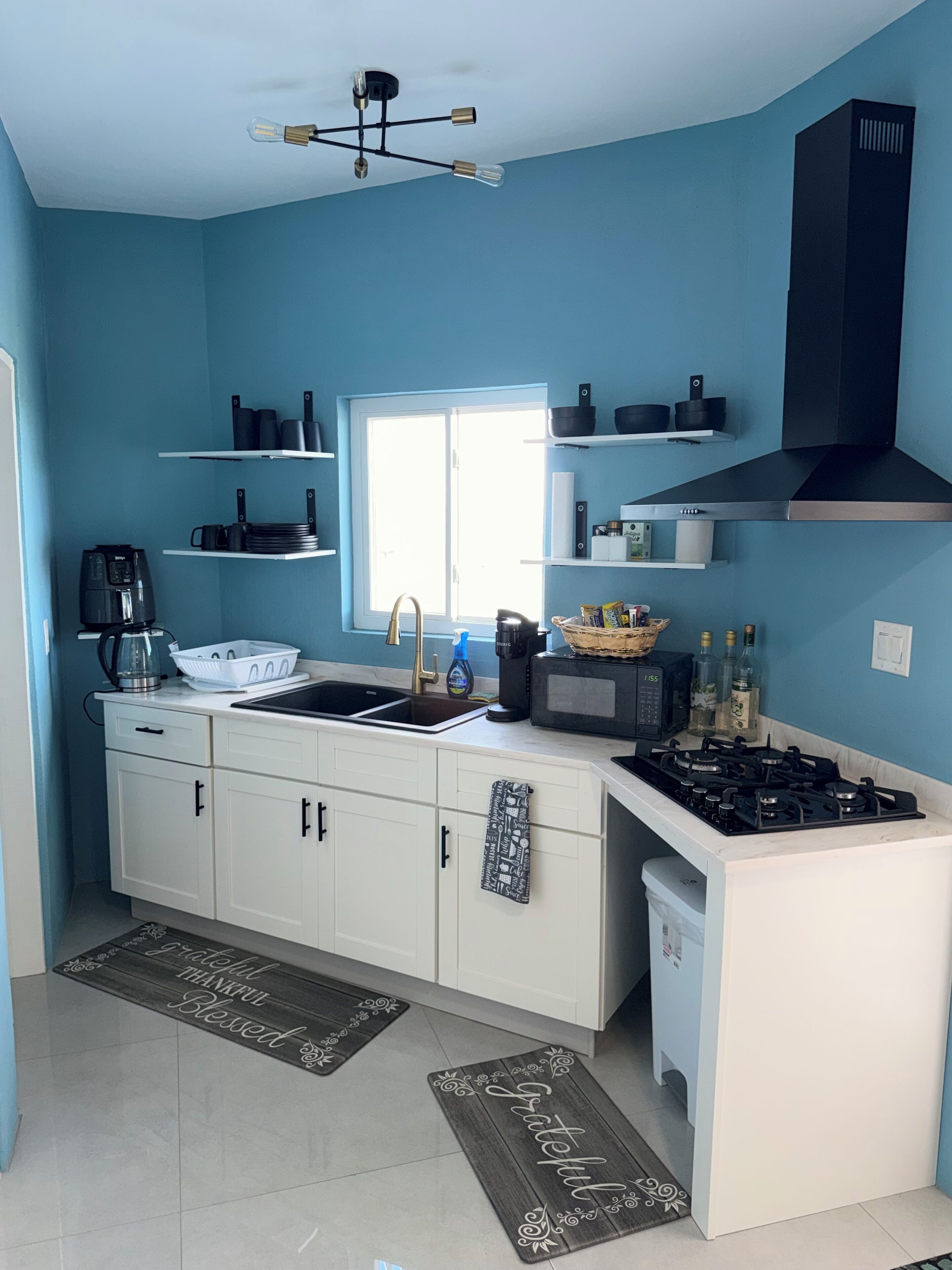 Fridge, microwave, stovetop, coffee/tea maker