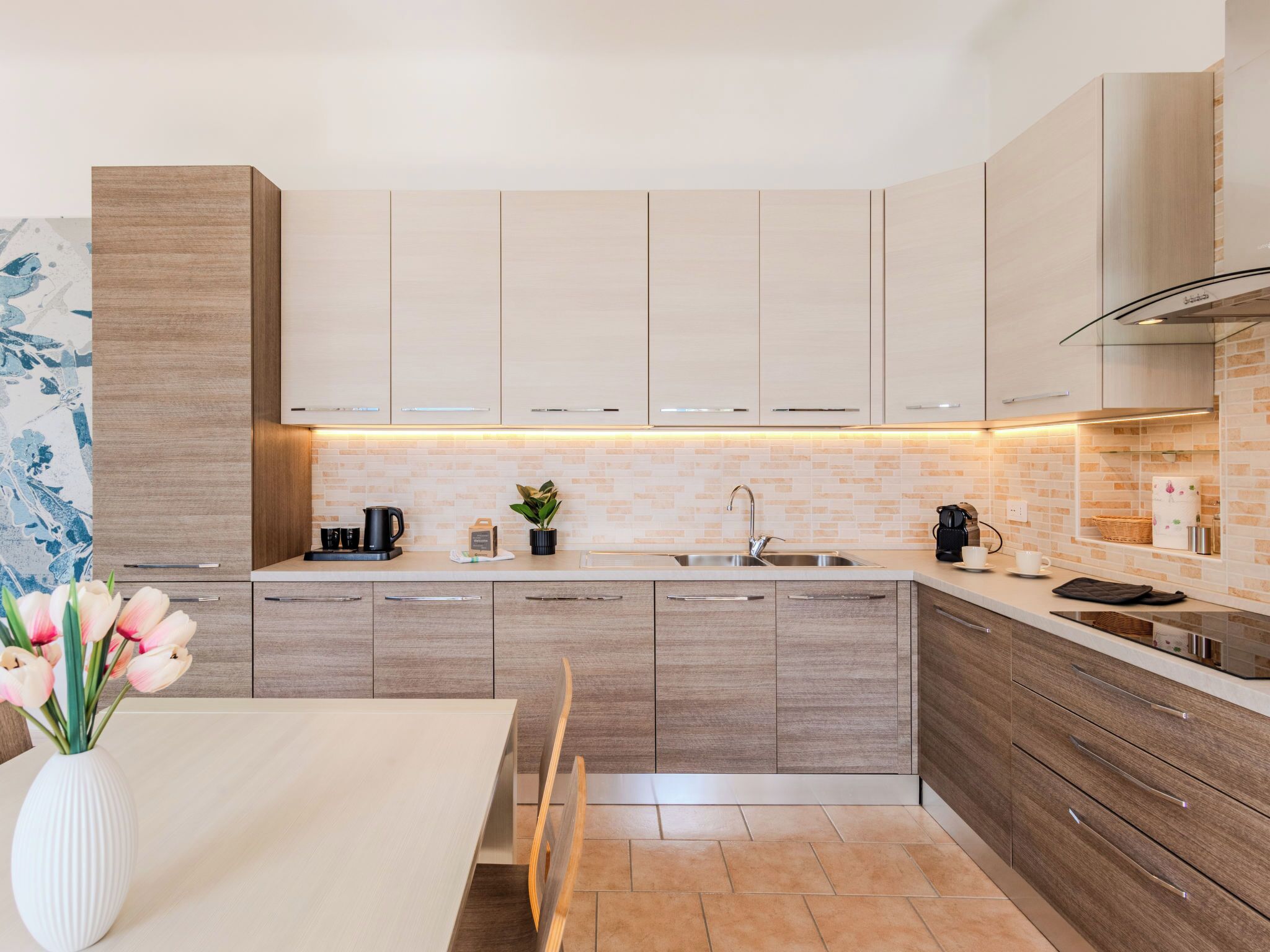 Fridge, oven, dishwasher, cookware/dishes/utensils