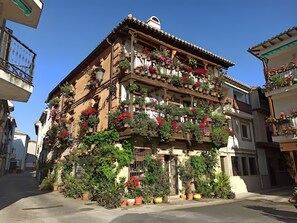 Un immeuble à plusieurs étages doté de balcons ornés de plantes et de fleurs en pot.