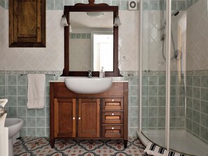 Hair dryer, bidet, towels, soap