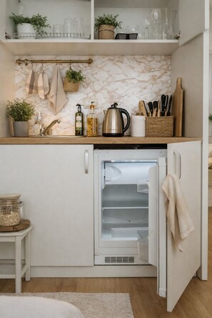 Eine kleine Küche mit integriertem Kühlschrank, einer Holz Arbeitsplatte und einer Marmor-Spritzschutzwand.