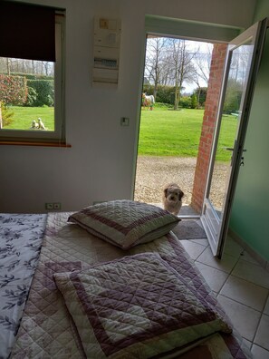A room with a bed, a window, and a door leading to a garden. - Bed and Breakfast 'Chambre La Plage' with Shared Garden and Wi-Fi (Saint-Léonard)