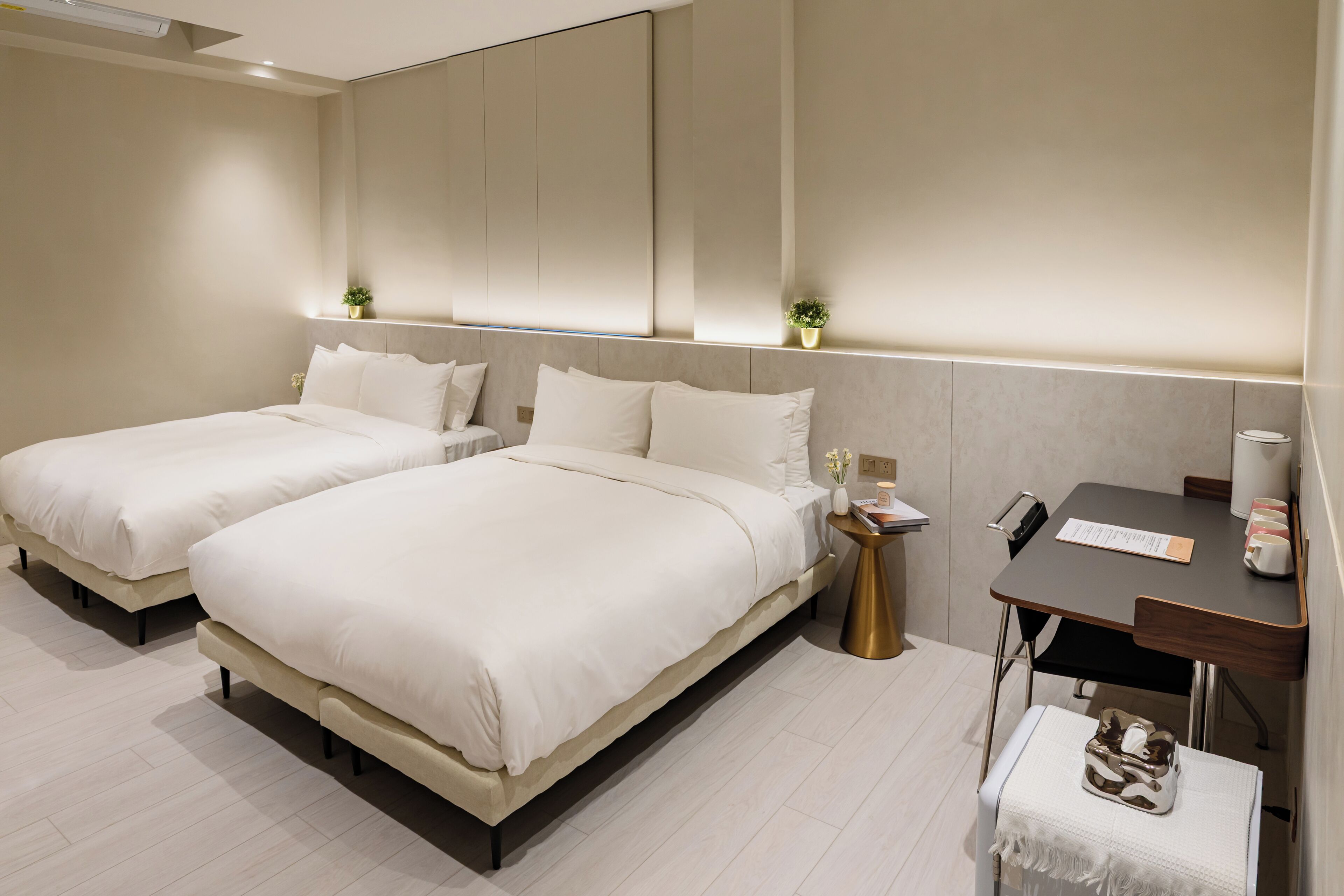 Una habitación de hotel moderna con dos camas, un escritorio y una pequeña mesa con una planta.