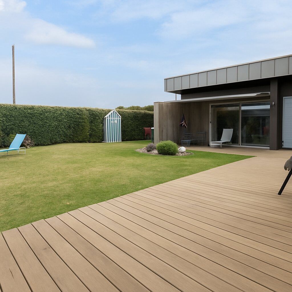 Una casa moderna con terraza de madera, césped cuidado y un cobertizo pequeño.